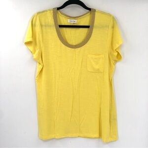 CALVIN KLEIN Pocket Tee Blouse Stretch Jersey Beaded Neckline L Yellow Top Women